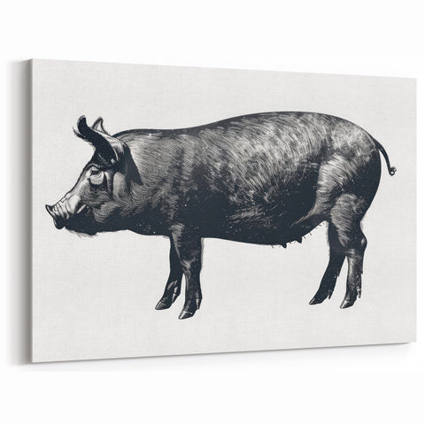 Rustic Pig Wall Art - Black & White Pig Canvas Print Farm Animal Decor