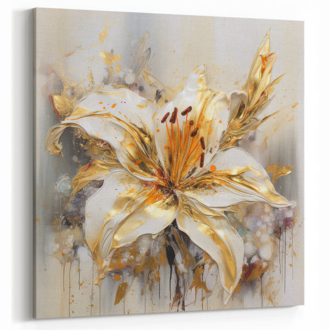 Elegant Gold Lily Abstract Floral Canvas - Modern Floral Wall Decor