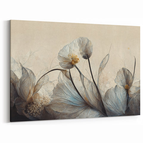 Ethereal Blue and Beige Floral Canvas - Modern Abstract Botanical Art