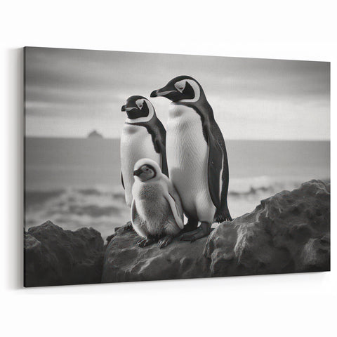 Penguin Wall Art - Black & White Family Photography Canvas Print Decor