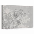 Serene Nature-Inspired Art with Gray Trees and Flying Birds