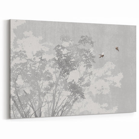 Serene Nature-Inspired Art with Gray Trees and Flying Birds