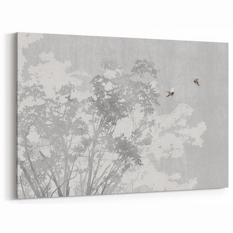 Serene Nature-Inspired Art with Gray Trees and Flying Birds