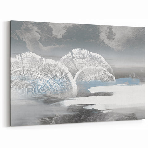 Serene Abstract Art with Tree Rings and Misty Blue and Gray Tones