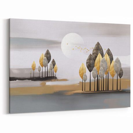 Golden and Gray Trees Abstract Line Art - Modern Geometric Strokes Canvas