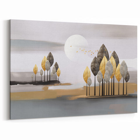 Golden and Gray Trees Abstract Line Art - Modern Geometric Strokes Canvas