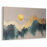 Golden Sun with Birds on Abstract Navy and Gold Canvas Art
