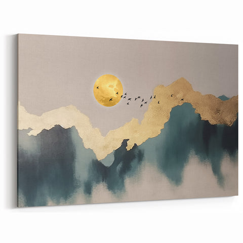 Golden Sun with Birds on Abstract Navy and Gold Canvas Art