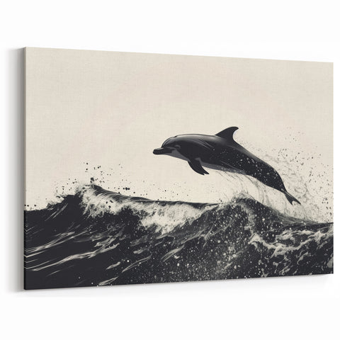 Bold Dolphin Wall Art - Dynamic Black and White Marine Canvas Print