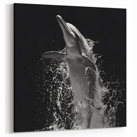 Dramatic Dolphin Wall Art - Black and White Marine Life Canvas Print