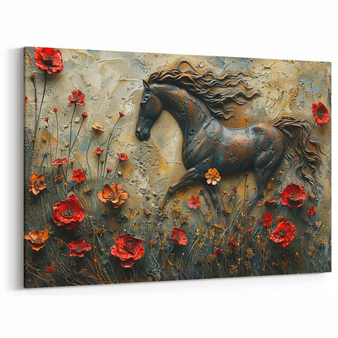 Elegant Horse in Floral Meadow Wall Art - Rustic Equestrian Decor