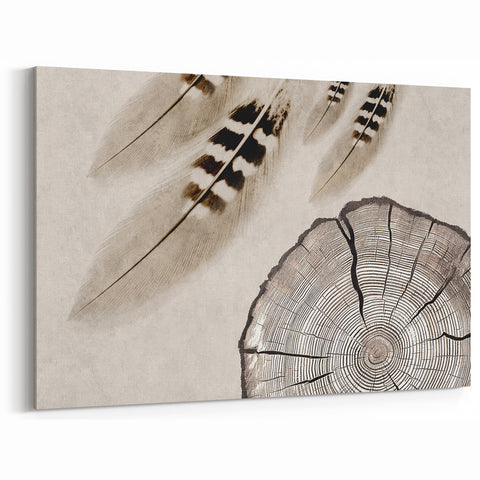 Feather & Tree Rings Art - Rustic Nature-Inspired Canvas Print
