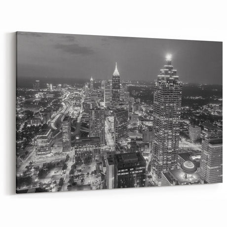Atlanta Skyline Night View Wall Art | Black and White Cityscape Print
