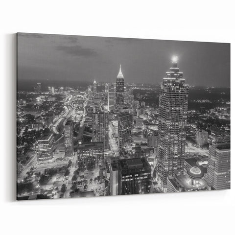 Atlanta Skyline Night View Wall Art | Black and White Cityscape Print