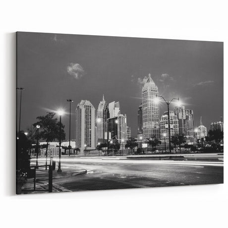 Atlanta Skyline Night Scene Wall Art | Black and White Cityscape Print