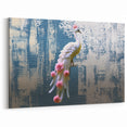 Elegant White Peacock with Pink Roses on Blue Abstract Background