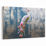 Elegant White Peacock with Pink Roses on Blue Abstract Background