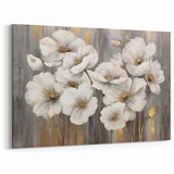 Elegant White Floral Art with Gold Accents on Gray Background