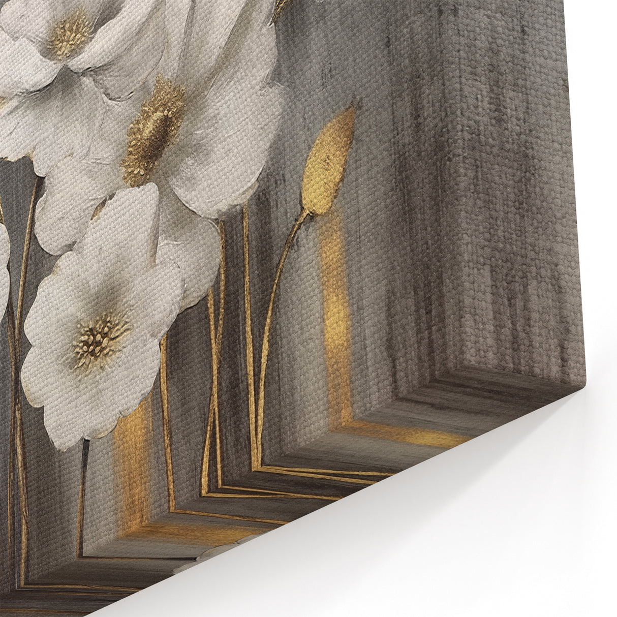 Elegant White Floral Art with Gold Accents on Gray Background