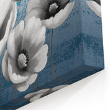 Monochrome Floral Art on Teal Abstract Background