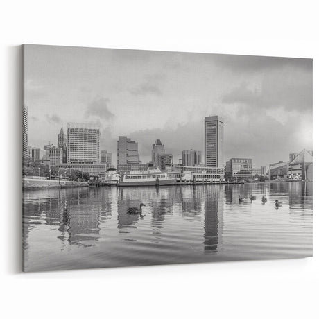 Calm Baltimore Skyline Art - Black and White Harbor Cityscape Decor