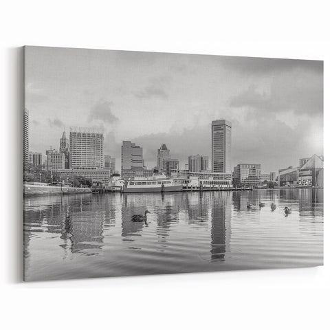 Calm Baltimore Skyline Art - Black and White Harbor Cityscape Decor