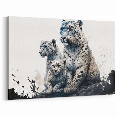 Stylized Snow Leopard Art Print - Black & White Wildlife Canvas