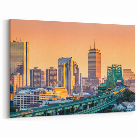 Boston Skyline Wall Art - Sunset Glow Cityscape on Stretched Canvas