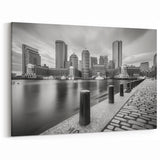 Boston Harbor Art - Black and White Skyline with Waterfront Walkway