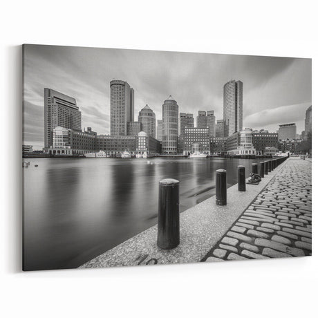 Boston Harbor Art - Black and White Skyline with Waterfront Walkway