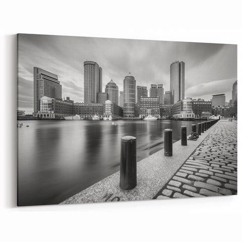 Boston Harbor Art - Black and White Skyline with Waterfront Walkway