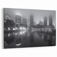 Boston Skyline Photography - Foggy Night Harbor with City Lights