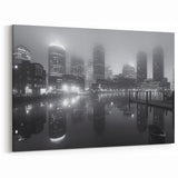 Boston Skyline Photography - Foggy Night Harbor with City Lights