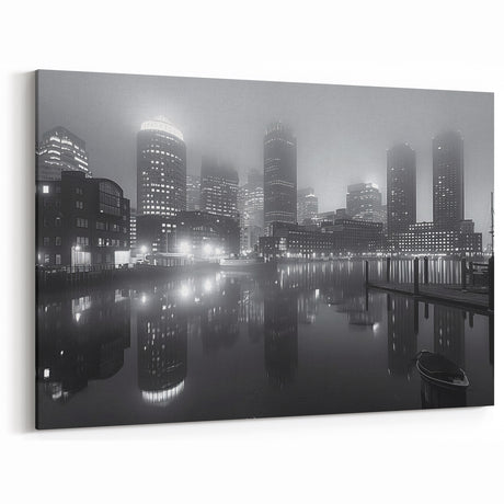 Boston Skyline Photography - Foggy Night Harbor with City Lights