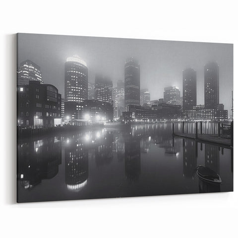 Boston Skyline Photography - Foggy Night Harbor with City Lights