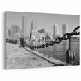 Boston Skyline Photography - Black and White Harbor with Chain Fence