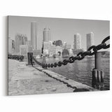 Boston Skyline Photography - Black and White Harbor with Chain Fence