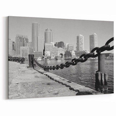 Boston Skyline Photography - Black and White Harbor with Chain Fence