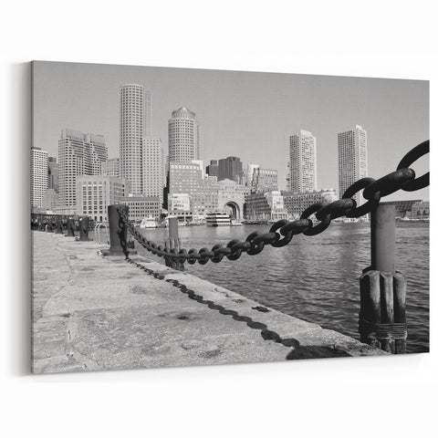 Boston Skyline Photography - Black and White Harbor with Chain Fence
