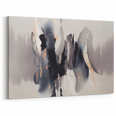 Abstract Line Art with Black and Gray Fluid Strokes on Canvas
