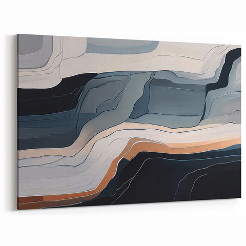 Abstract Line Art with Fluid Blue, Gray, and Beige Curved Layers