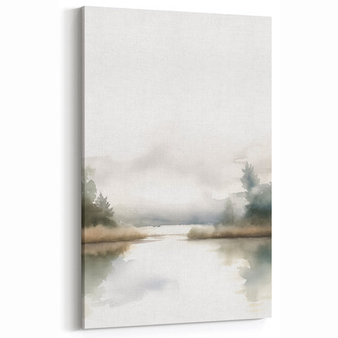 Serene Landscape Watercolor - Misty Morning Lake Canvas Art Print