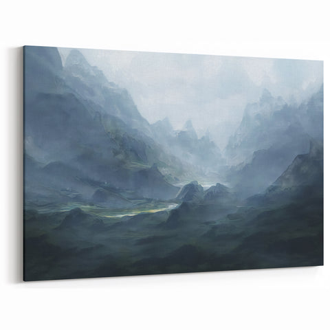 Misty Mountains Abstract Art in Cool Tones – Large Canvas Design