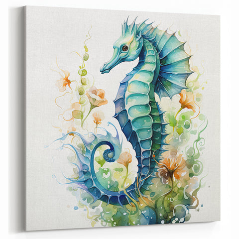Whimsical Seahorse Wall Art - Aquatic Green & Blue Canvas, Framed Print