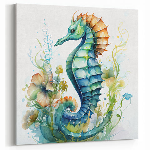 Serene Seahorse Wall Art - Lush Green & Blue Canvas, Framed Print