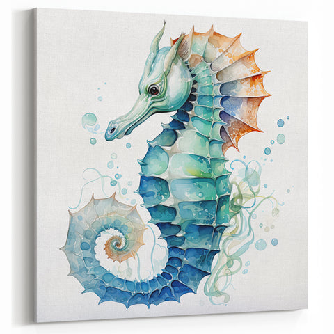 Detailed Seahorse Wall Art - Aqua Blue & Green Canvas, Framed Print
