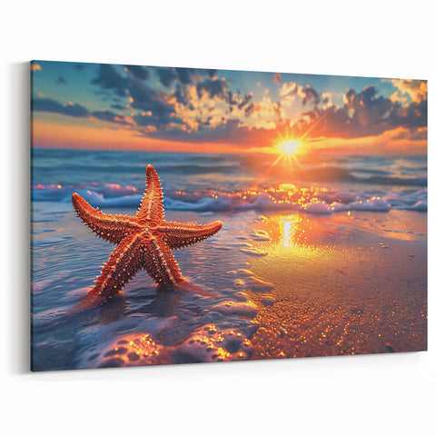 Sunset Starfish Wall Art - Coastal Beach Scene Canvas & Print Decor