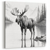 Serene Moose Sketch Art - Black & White Wildlife Canvas & Framed Prints