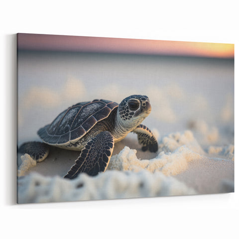 Serene Baby Turtle Wall Art - Sunset Beach Canvas for Coastal Decor
