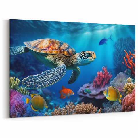 Vibrant Coral Reef Turtle Wall Art - Marine Life Canvas for Ocean Lovers